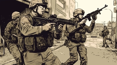 soldiers from Israeli defense soldiers opening fire with they guns , fighting gangs with rifles and guns like a war in a street in a a poor street holding thei guns with a threat face looking and an evil smile on the faces +front view +dark color tones+ vintage drawing style ,clipart drawing,clipart image,high definition drawing,clean colors, balanced colors, detailed drawing,