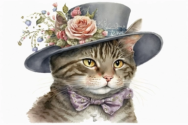 watercolor art adorable cat in a fancy hat clipart, hd white background