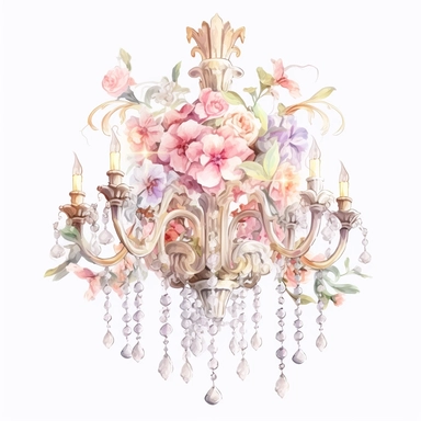 Make a clipart of a shabby chic, fairytale watercolor victorian chandelier, rococo, hd, white background