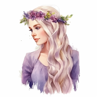 realistic watercolor portrait clipart blond long haired beautiful braided adult princess with pastel purple dress and flower crown