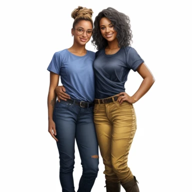 realistic illustration of two female african american friends standing very close to each other. Ladies are wearing denim jeans and a short top, belly is visible, modern look. Clipart, isolated on white background, 4K