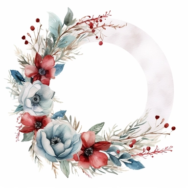 watercolour Christmas floral round wreath frame clipart solid white background