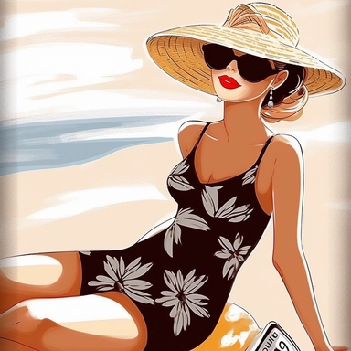 portrait view, full view, clipart illustration, beautiful lady sunbathing on beach, exact image, sharp focus, high detail, (--iw 5)