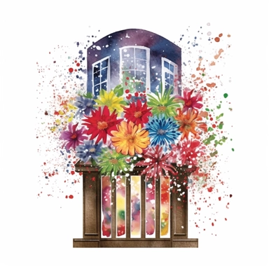 Design a dreamy watercolor clipart of japanese-inspired window-box with An explosion of colorful flowers arranged in a cascading and dynamic style, reminiscent of fireworks in the night sky composition, hand-painted with soft and graceful brushstrokes. Draw inspiration from the artistic finesse of Ethereal Petals Watercolors for a refined and ethereal depiction. isolated on a white background, hand-drawn illustration, hand-painted watercolor texture, 16k UHD resolution, intricately detailed, sha