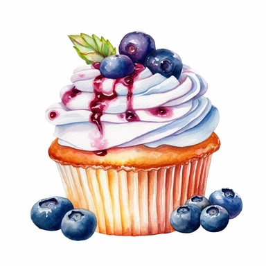 Watercolor Yummy blueberry cup cake clipart, hd, single object, white background, no text watermark