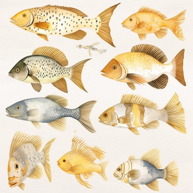 watercolor Gold line fish clipart, single designs