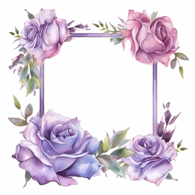 a light purple rose Floral, square Frame, Watercolor Clipart, Cartoon style, Webtoon Resources, White Background