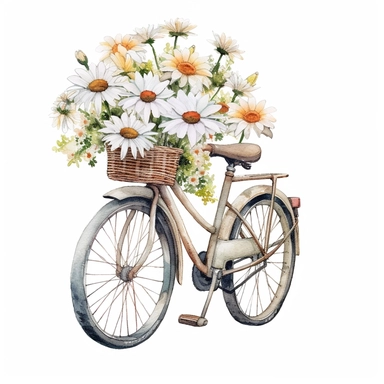 watercolor pencil hyper realistic vintage colorful floral bicycle clipart, daisies, photorealistic, realistic still life style, detailed watercolor style, on white background