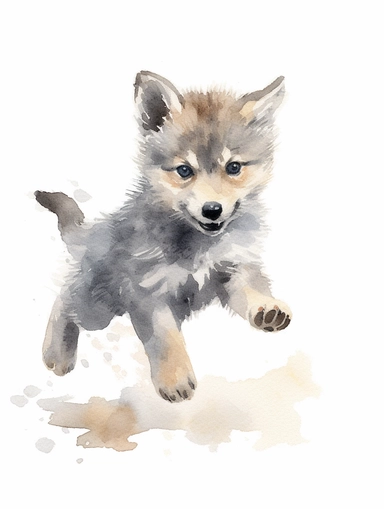 cute happy grey wolf cub running, pastel watercolor, clipart, solid background