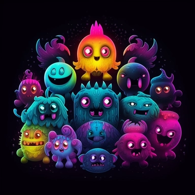 website title banner image with black background, emoji clipart as cute monsters, high res, iridescent, some bioluminescent
