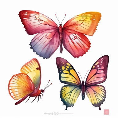 watercolor butterfly clipart, flying butterly, red, yellow, bright colors, no outlines, white background, no text