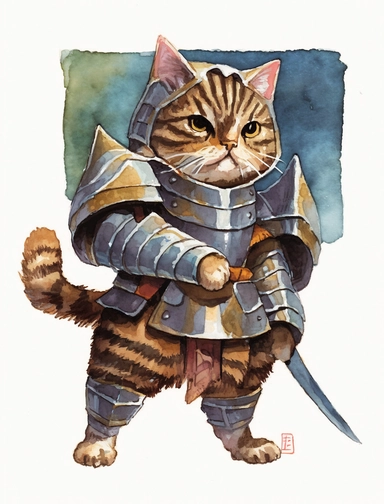 beautifully colored, beautifully illustrated anthropomorphic self defense cat , with a cast shadow , beautiful gouache painting, chibi clipart with a cast shadow on white background, beautiful gouache painting, , watercolor art by concept art by Ken Sugimoto simple watercolor still-life sketch, bold lines, sketch by Kim Jung Gi and by Satoshi Kon