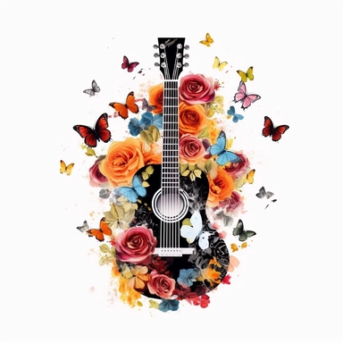 clipart de guitarra española con mariposas y flores, acuarela, 16k, hiper minimalista, megapixel, full color, super detailed,insanely detailed and intricate, ultra detallado