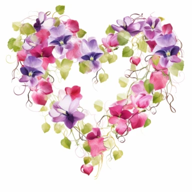 summer flowers clipart, heartshape, love, white background, climbing, spreading,