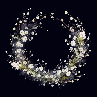 framed by thin border, wide view, central composition, fit in shot, full length, uncropped ,watercolor baby's breath wreathes, clipart, vector, dark background