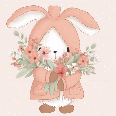 a shy baby Bunny with Flowers Clipart, Peter rabbit, wearing pink coat covered in flowers, Nursery summer Clipart, Easter Clipart, summer Bunny, Crafting Digital Paper, Mother’s Day, white background
