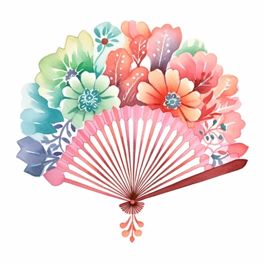 a cute one Japanese Folding Fan , decorate with japanese motifs ,watercolor Sublimation graphics, hand drawn illustration by katie daisy, Watercolor clipart, single design, single object, print on demand image, PNG transparent background, white background for removing background - - no text shadow font watermark, 8k