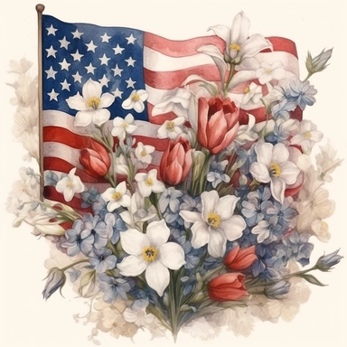 American flag with spring flowers. USA independence day. 4th of July, The illustration should be in the style of dreamy watercolor florals, inspired by the works of artists like Vytautas Kairiukstis, Villagecore, Kathrin Longhurst, and Christian Schloe. The color palette should predominantly feature white and pink, with a touch of flower power. The aspect ratio of the illustration should be 3:2. Be sure to include vintage truck clipart in your design, and dont forget white background, NO BACKGRO