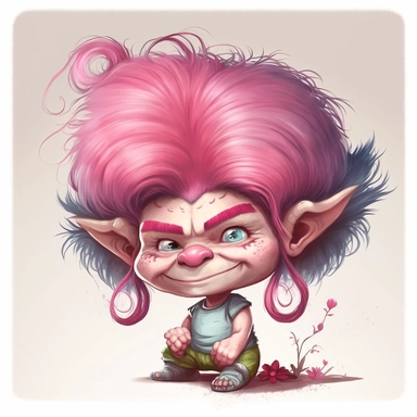 girl troll with pink hair, white background that a watercolor clip art character illustration that combines the innocent and angelic expression of Precious Moments with the mischievous and magical attributes of Trolls.