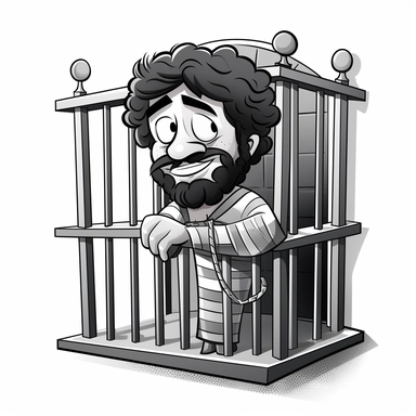 cute black and white clipart of paul in the bible in prison in rome, suitable for a childrens book