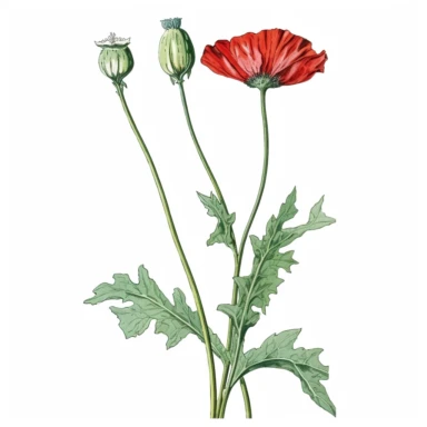 Watercolor of tall slender micro dainty red poppy leaves on a single stem with closed poppy seed head. Ikebana red poppy, leaves typically have a distinctive elongated shape with a pointed tip, and are deeply lobed or dissected. The lobes are typically rounded or toothed, and may be arranged alternately or opposite each other along the stem. Floral Clipart, poppy, Minimalist Flowers Watercolor, Ikebana Clipart, Separated design