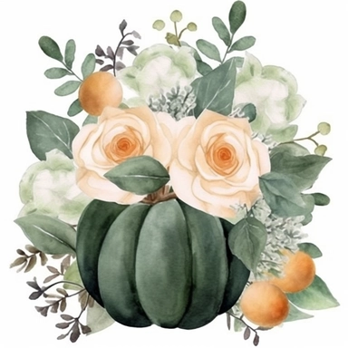 Dark green pumpkin, bouquet of white roses, green leaves, gray eucalyptus leaves, white fruits, watercolor, clipart, illustration, white background