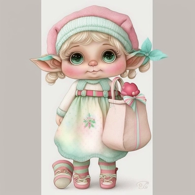 A cute Christmas girl elves doll girl pink and mint pastel dress clothing holding Christmas gift , shabby chic, cute, Christmas, clipart, white background, 32k uhd, insanely detailed and sharp, flickr, plush doll art, soft faded colors, fairy tale watercolor art by Susan Wheeler, Thomas Kinkade and Marjolein Bastin