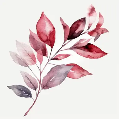 Single branch with multiple leaf, white background, minimal, Dusty pink leaf - Watercolor Floral - Flower Clipart - Dusty pink - red, white - Wedding Clipart