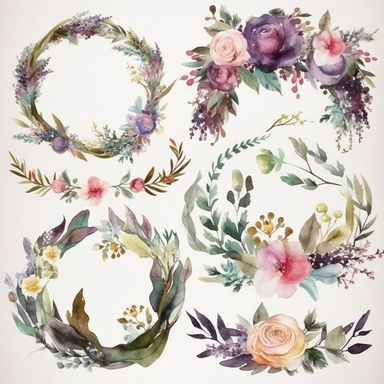 Design a set of watercolor-style digital cliparts specifically for wedding and event decorations. The cliparts should include elements such as flowers, garlands, wreaths, ribbons, and romantic symbols like hearts and doves. Consider various color palettes and styles to cater to both traditional and modern weddings and events. The cliparts should be versatile and suitable for use in invitations, save-the-date cards, menu cards, table cards, seating charts, and other decorative elements
