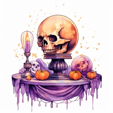 hand drawn glowing crystal ball sitting on a table with crystals, tarot cards, a wand, candles and a pumpkin, Halloween, purple and orange shades,fantasy, glamorous, , clipart style, detailed and realistic, watercolor, white background with margins