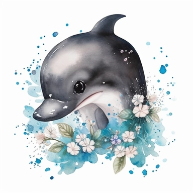 watercolor funny create kawaii marbled black ,silver, teal chibi dolphin with forgetmenot flowers with babysbreath clipart, isolated on white background,space out--ar3:2--s1000