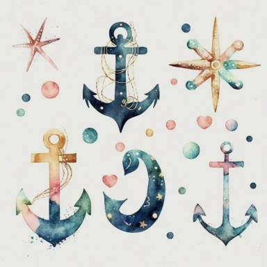 watercolor clipart of an anchor , cute cartoon nautical, watercolor, watercolor paper texture, no background. clear simple shapes.Adorable. High quality