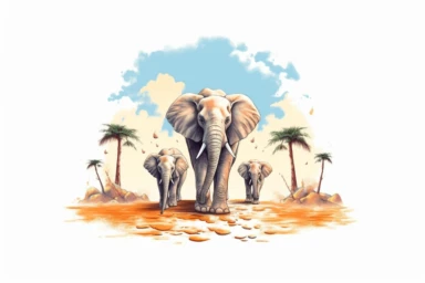 cute baby elephant walking through the dessert with its siblings Clipart, On White Background, Spaced out, Vector Art,
