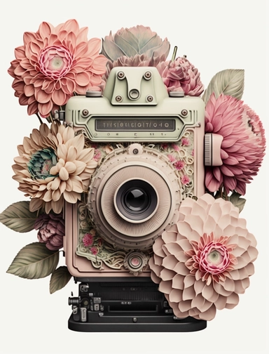 a watercolor vintage camera, profil view, surrounded by an intricate arrangement of dramatic extravagant ultra realistic digital pink and khaki 3D giant dahlias, in the style of large-scale photography, lush detailing, watercolor style, pastel colors, sacred geometry, origamy, photorealistic, playfully intricate, made of flowers, bloomcore, 8K, clipart, clear background