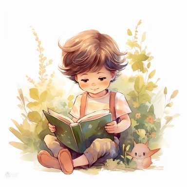 cute little boy reading a book, folk art, watercolor, clipart elements, kawaii, white background