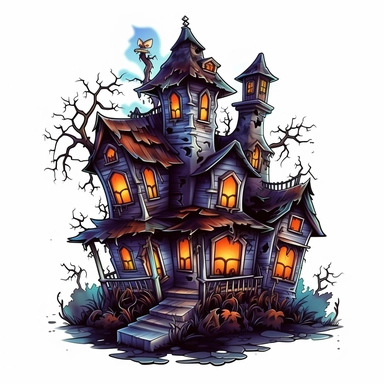 haunted Halloween house , darkness, ghost in cartoon vector illustration clipart, on a white background Sublimation Clipart Cartoon, hyper-realistic, intricate detail, illustration style, high solution, on the white background