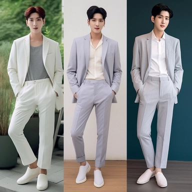 3 handsome K-pop men are wearing three different outfits similar to these descriptions: Minimalist Color Palette Suit: 1.The outfit features thick and structured fabric, with neat ironing, emphasizing a professional look. 2. clean colors such as light gray, white, and light blue, or lively pastel-colored striped patterns for a touch of playfulness. 3. complements his outfits with attention-grabbing accessories like a tie clip or a stylish watch