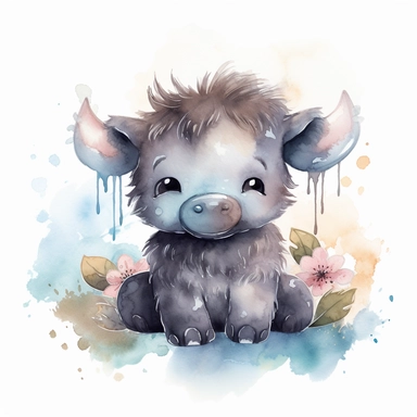 watercolour Happy Baby Buffalo Cartoon Clipart, Cute, no text