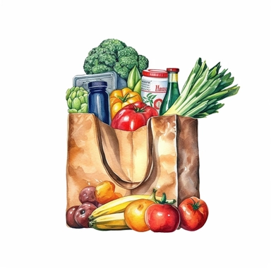 watercolor detailed illustration of Grocery bag with a variety of groceries peeking out, clipart, white background