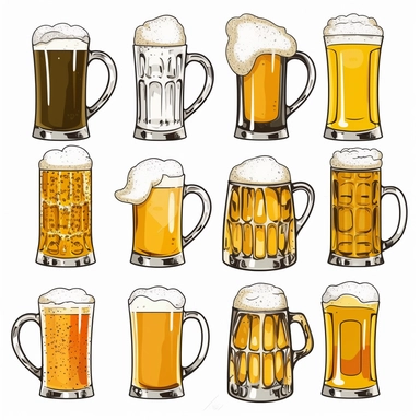 beer mug,beer mugs cheers, clip art, White background, 10 different designs in one frame
