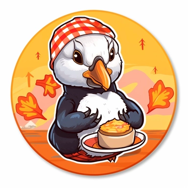 Depicting an Atlantic puffin enjoying a maple syrup-themed picnic. The design should combine the puffin's charm with Canadian culinary traditions. The artwork can feature the puffin holding a pancake and a bottle of maple syrup, with a cheerful expression on its face.r, that can be used as a sticker, colorful, highly detailed, white background, style of pixar clipart, white background,--no cut off edges