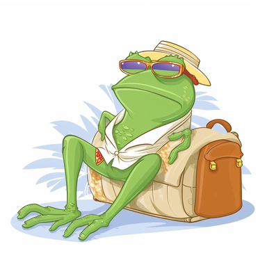 pretty highland frog relaxing on vacation, clipart, vector, white background,