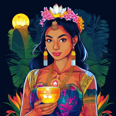 Illustrate a clipart image showcasing a beautiful thai woman with radiant eyes that shine brightly drinking a glow in the dark, neon, coconut. Use a rich and diverse color palette to enhance her appearance, and ensure the image is detailed and crisp. The background should be pure white