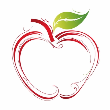decorative red outline of an apple with a stem and a single green leaf, with flourishes, white space for copy inside, clipart, isolated on a white background