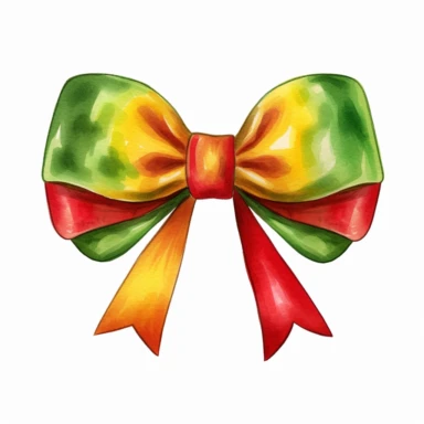 Red yellow green juneteenth bow Watercolor Clipart, Cartoon, hyper realistic, intricate detail, illustration style, high solution, on the white background