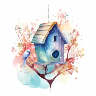 Vector clipart, isolated on white background, beautiful lovely Watercolor Spring wooden bird house hanging on the blue bloming tree, ornated, pastel and saturated colors