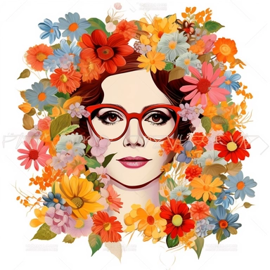 the full body retro 1960s cartoon female with oval glasses illustrated by Doug Wildey surrounded by flowers image is on white background, in the style of hard, bloomcore, actual colo, distinctive noses, fine feather details, hard tonal range, gianni strino transparent, stickers, white background, clip art, clipart, textbook, lion illustration by sara scott, in the style of highly detailed, isolated figures, gothic illustration, serene body, realistic paintings, transparent white background, east