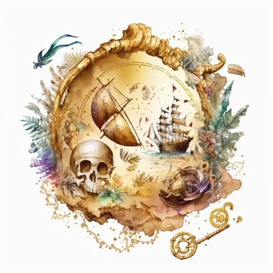 a Clipart, golden counts and treasures, golden shiny watercolour, in the center of the image, in a pirate style, white background , no mockup