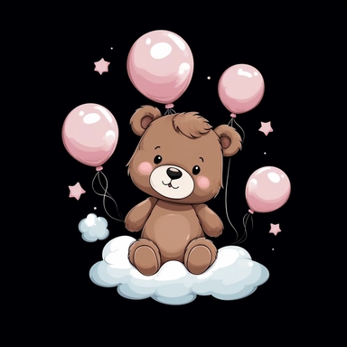 Cute Simple Cartoon Brown Baby teddyBear sitting on a cloud smiling wearing a pink bib and holding white and pink balloons, clipart, black background