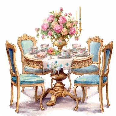 Make a clipart of a fairytale watercolor french country kitchen table, rococo, with bright pastel colors of blues and green, pink roses, gold accents, black outlines, hd, white background